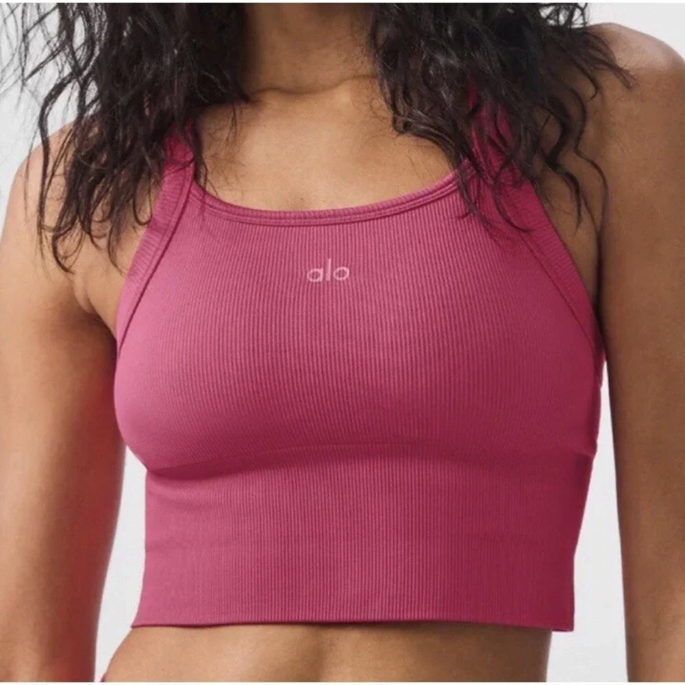 Alo Yoga Seamless Ribbed Favorite Bra Tank Pink Summer Crush S